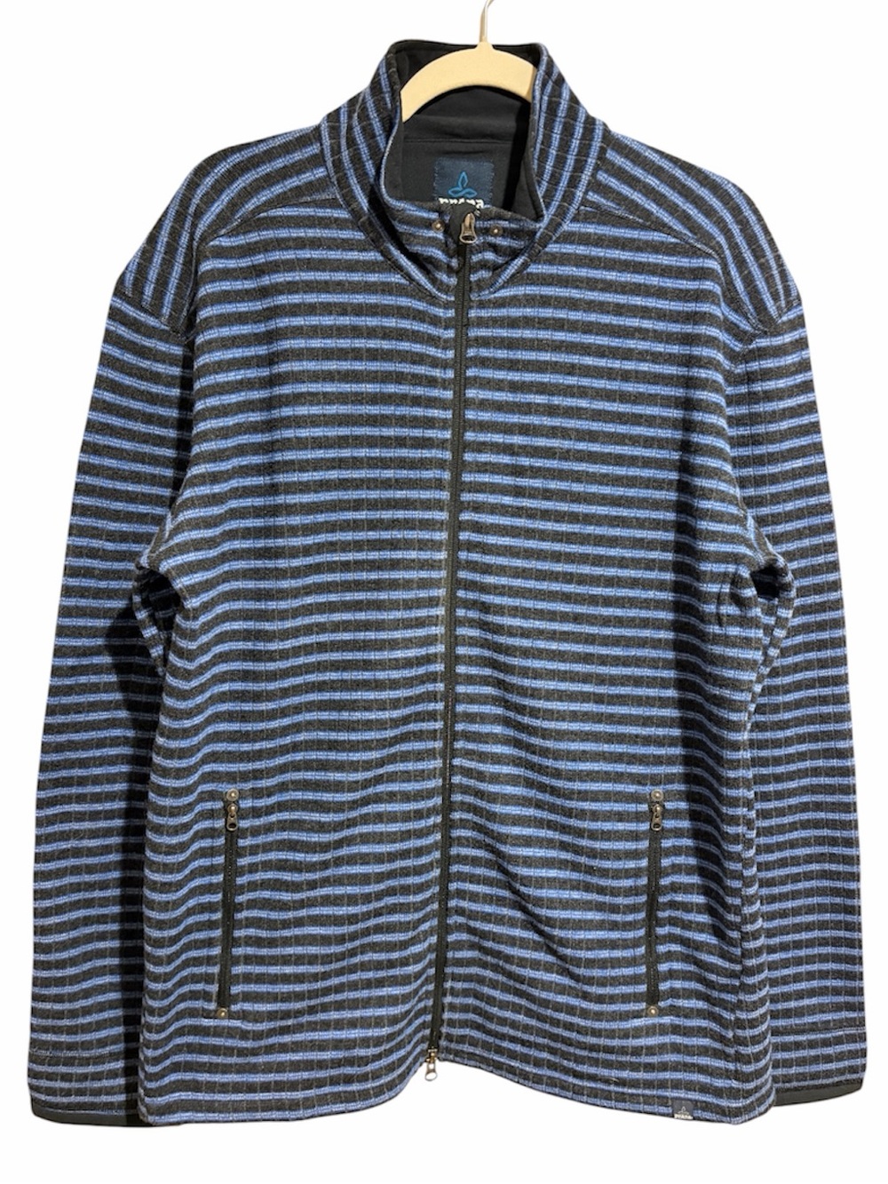 Prana Men’s Barclay Wool Blend Blue Stripe Full Zip Sweater Jacket Size XL